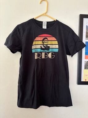 Gildan Black Tee with Retro Red Yellow Blue Stripe RBG Graphic